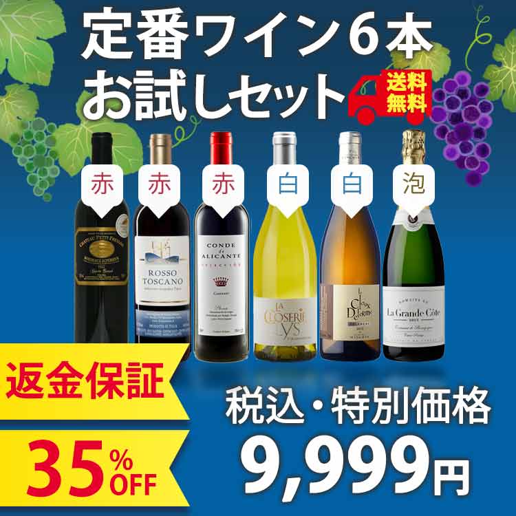 【1本あたり1,666円、ご満足戴けなければ返金保証！】定番ワイン750ml×6本お試し赤・白・泡セット