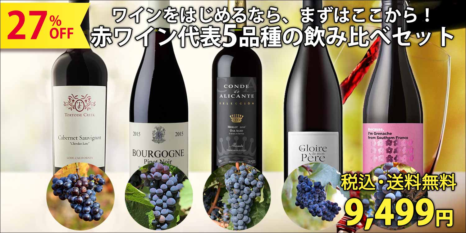 【ワインをはじめるなら、まずはここから！1本あたり1,899円】赤ワインの代表的ブドウ5品種飲み比べセット（750ml×5本）