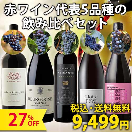 【ワインをはじめるなら、まずはここから！1本あたり1,899円】赤ワインの代表的ブドウ5品種飲み比べセット（750ml×5本）
